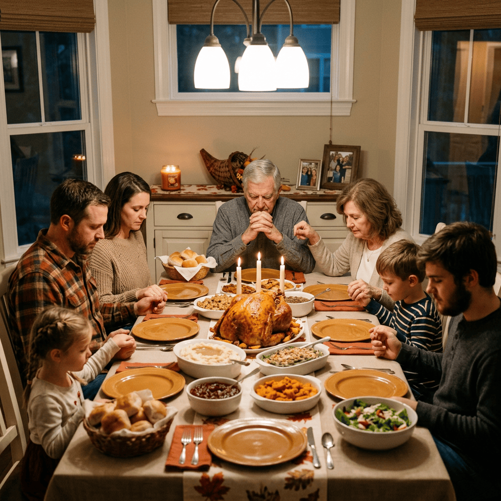 Family gathered around a Thanksgiving table with turkey and candles